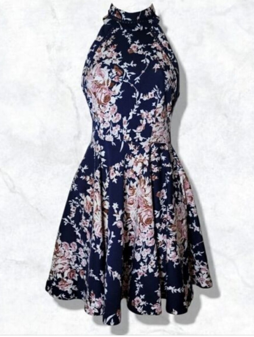 B. Darlin Navy Floral High Mock Neck Dress Size 15/16 EUC